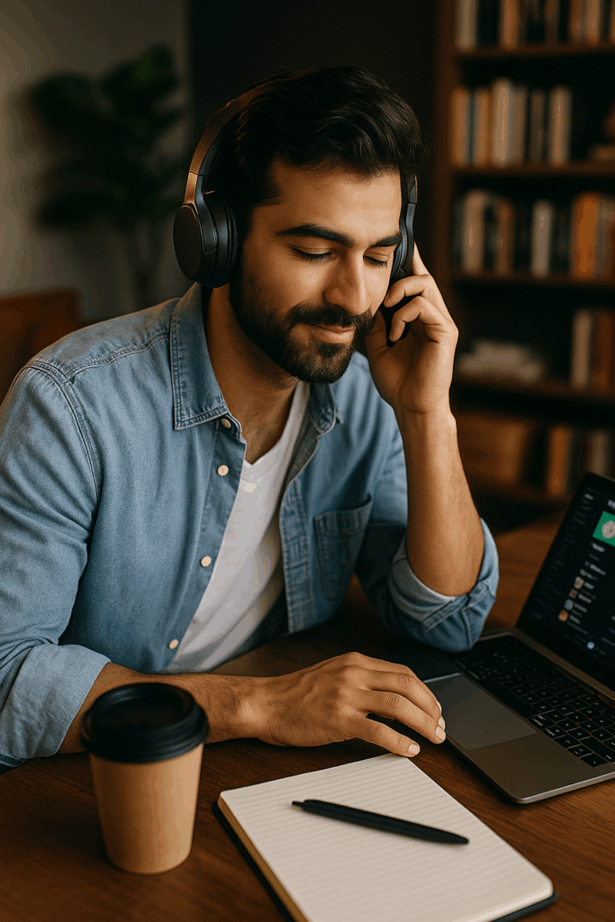 A confident man listens to a language-learning podcast through headphones while sitting at a wooden desk with a laptop, coffee, and notebook — symbolizing immersion and focus in learning a language in 30 days.