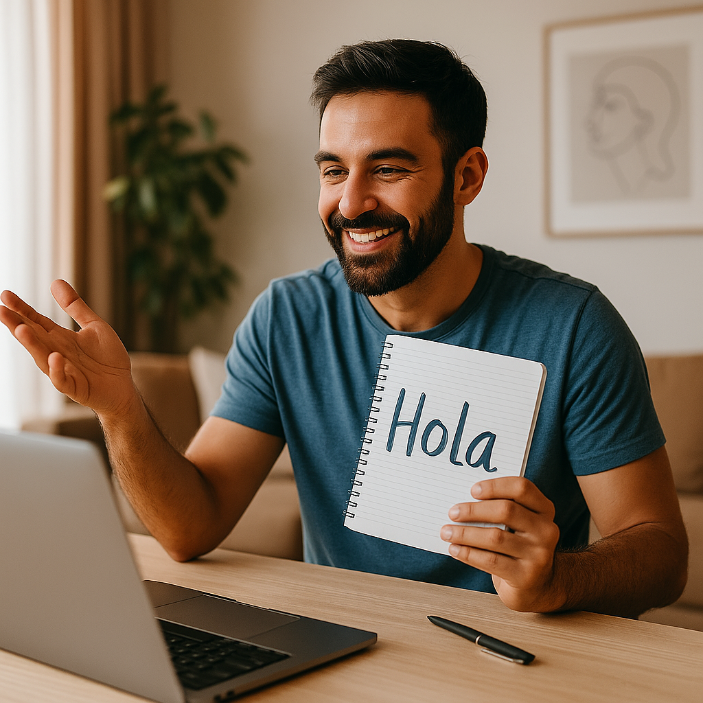 A confident man in his early 30s practices speaking a new language face-to-face at a café, smiling and gesturing naturally while holding a notebook that says “Hola.” Represents speaking from day one and building fluency fast.