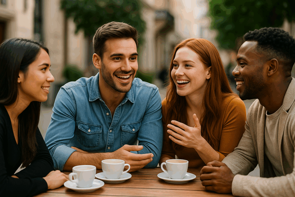 A group of four friends in their late twenties sit together at an outdoor café, smiling and conversing while enjoying coffee — symbolizing interactive language practice, social fluency, and immersion in learning a language in 30 days.