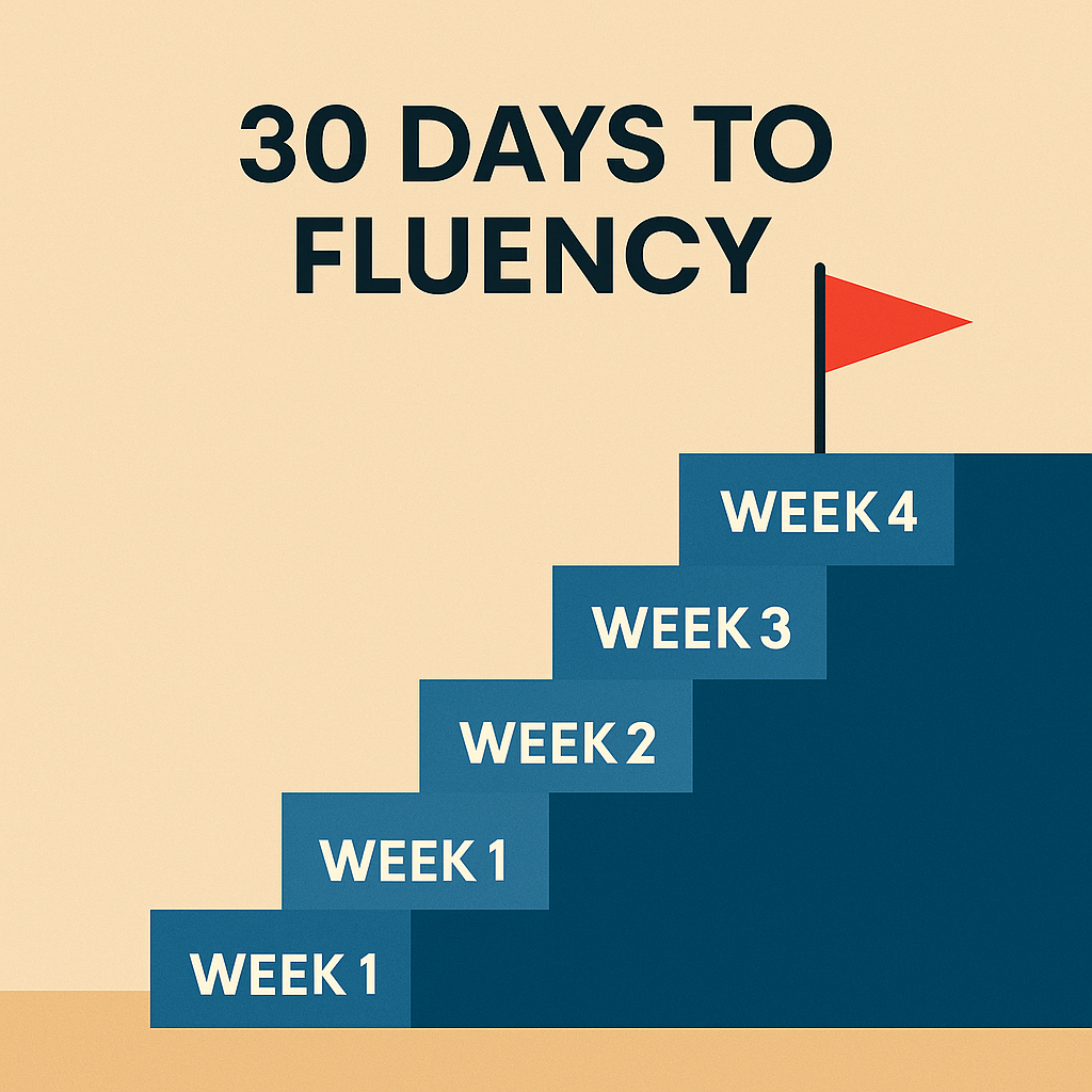 A minimalist digital illustration shows a staircase labeled Week 1 through Week 4 with a red flag at the top, symbolizing structured progress and motivation in a 30-day challenge to learn a language fast and achieve fluency.