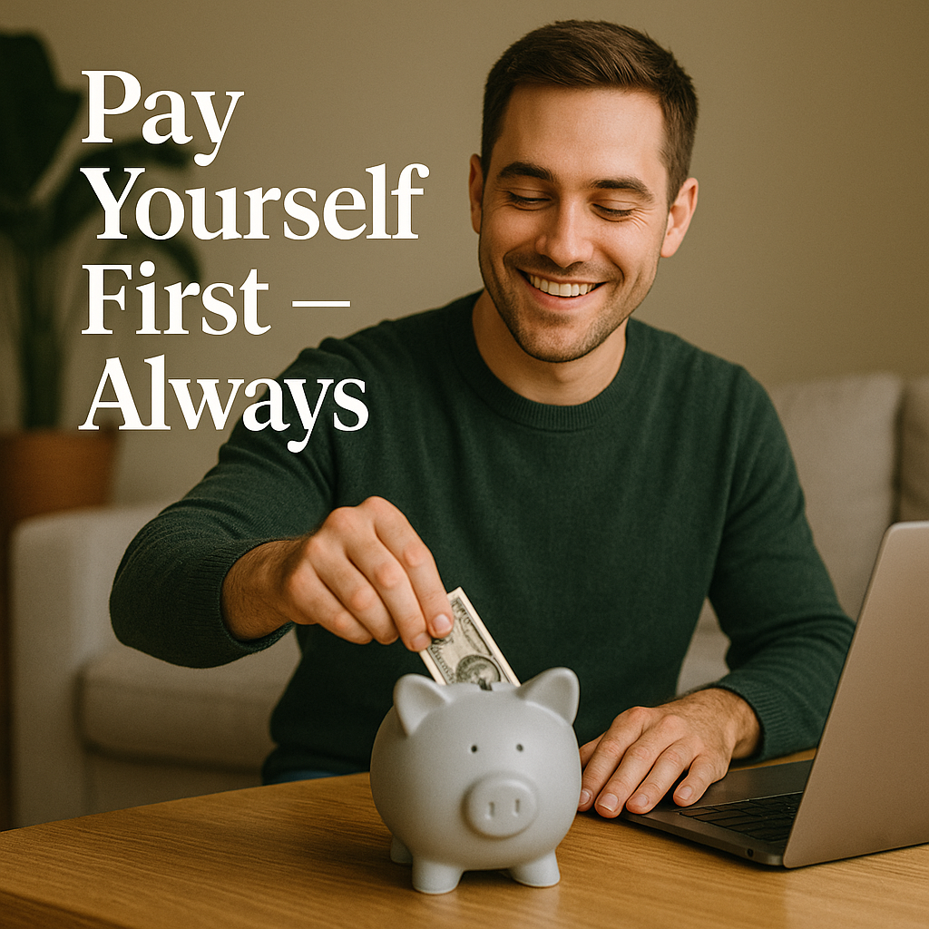 Young man saving money and learning how to build wealth in your 20s by paying himself first.