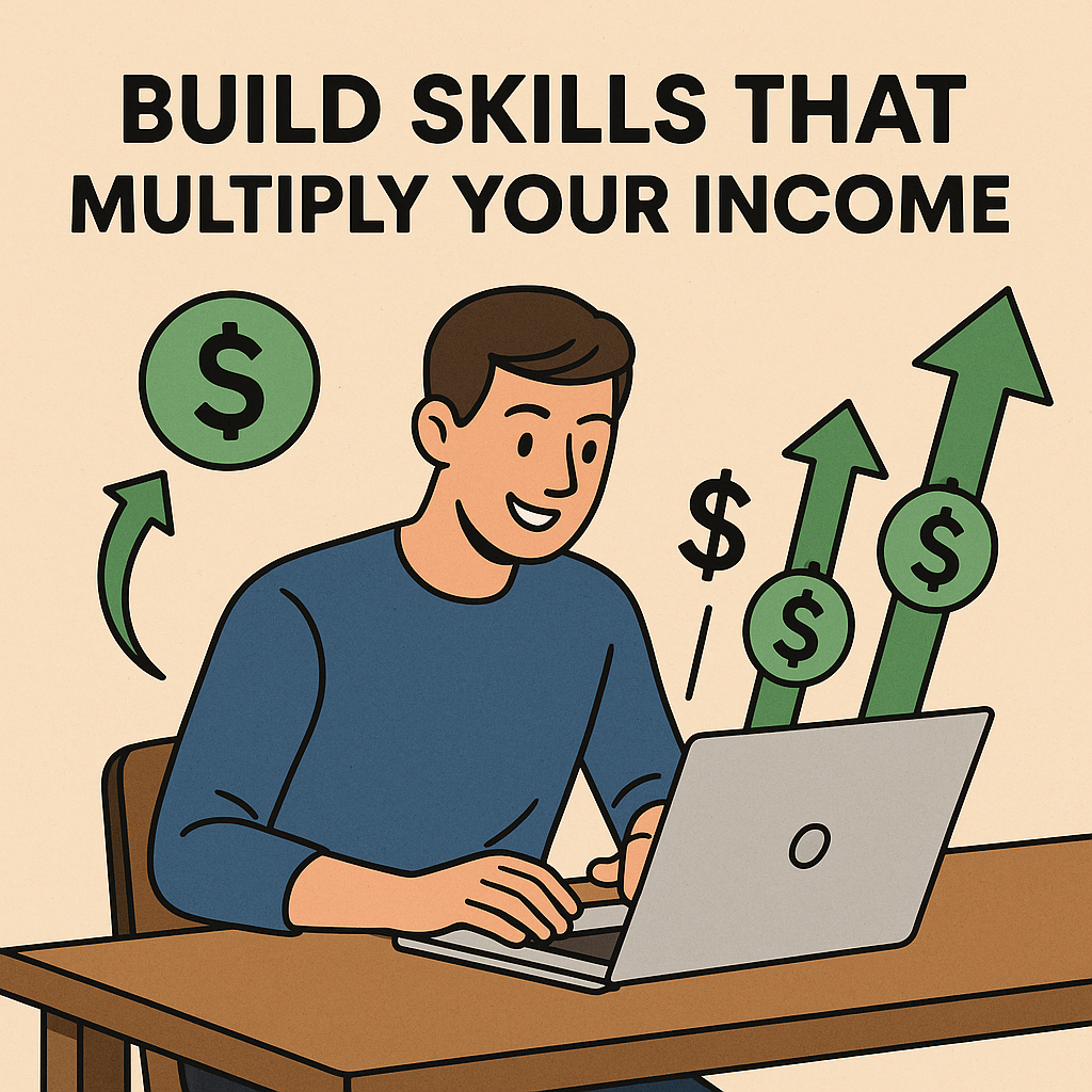 Young professional learning high-income skills to build wealth in his 20s using laptop at desk.