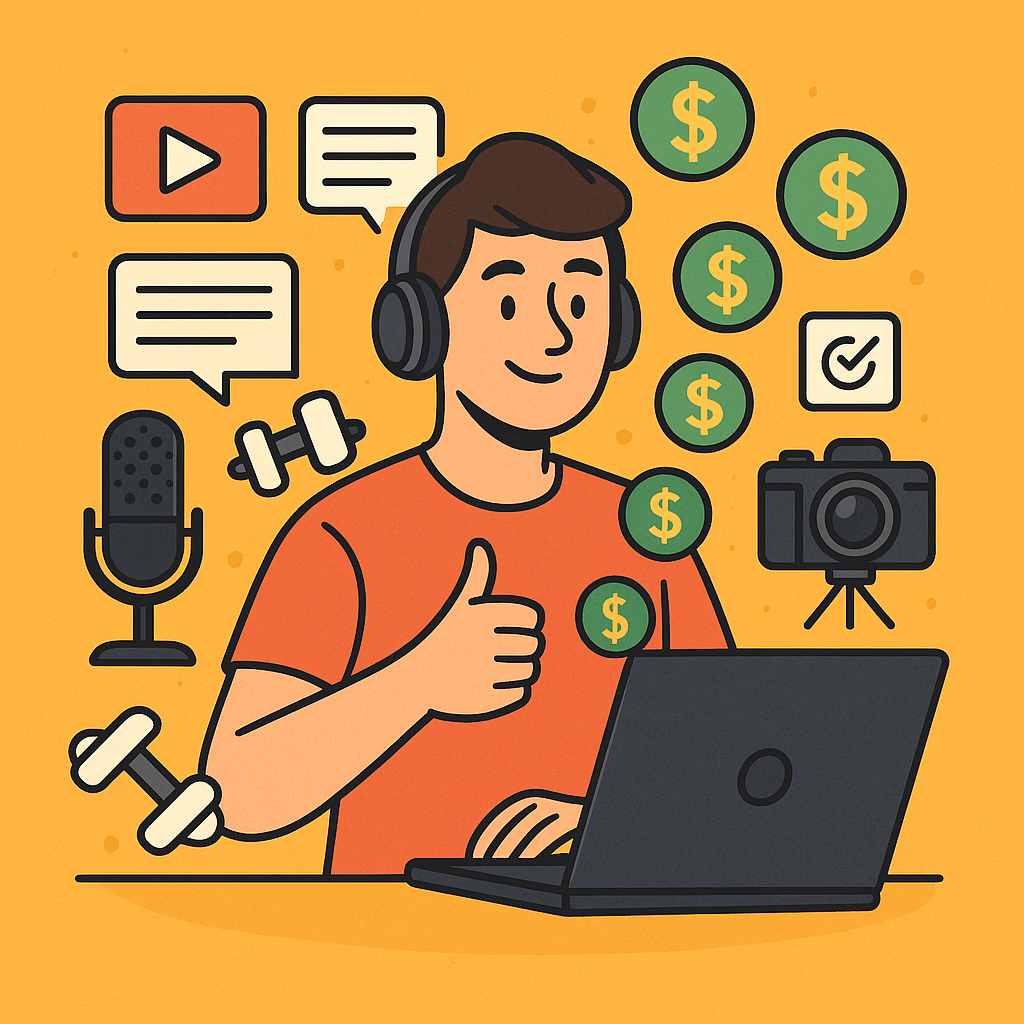 Young entrepreneur creating online content to build wealth in his 20s from passion projects and side hustles.