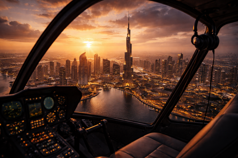 Helicopter view of Burj Khalifa and Dubai skyline at golden hour